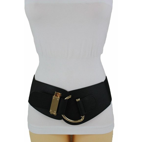 Women Gold Metal Hook Buckle Black Belt Wide Elastic Fabric Hip Waist Size L XL - Picture 8 of 13